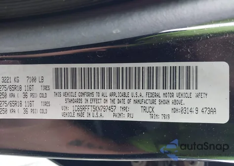 2019 Ram 1500 Big Horn/Lone Star 4X4 5'7 Box из США, поврежденный, VIN 1C6SRFFT5KN797457